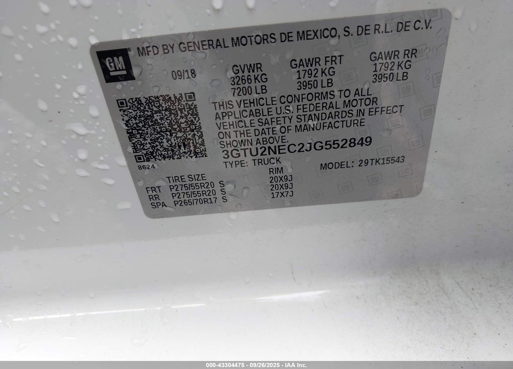 2018 GMC SIERRA 1500 VIN: 3GTU2NEC2JG552849