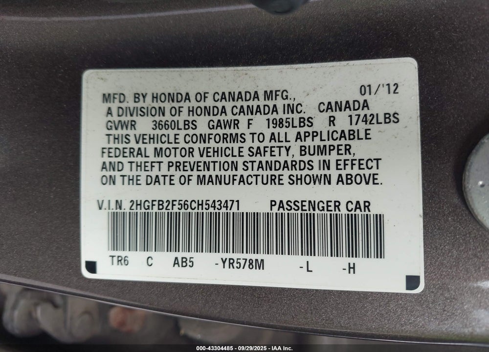 2012 HONDA CIVIC LX VIN: 2HGFB2F56CH543471