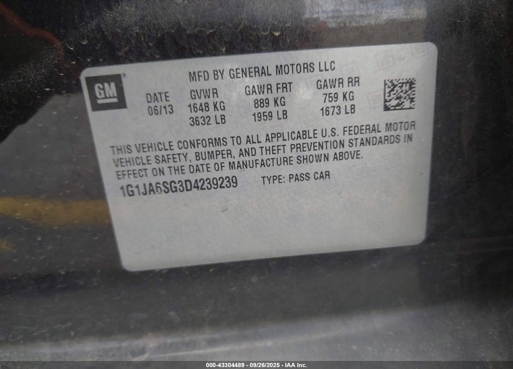 2013 CHEVROLET SONIC LS AUTO VIN: 1G1JA6SG3D4239239