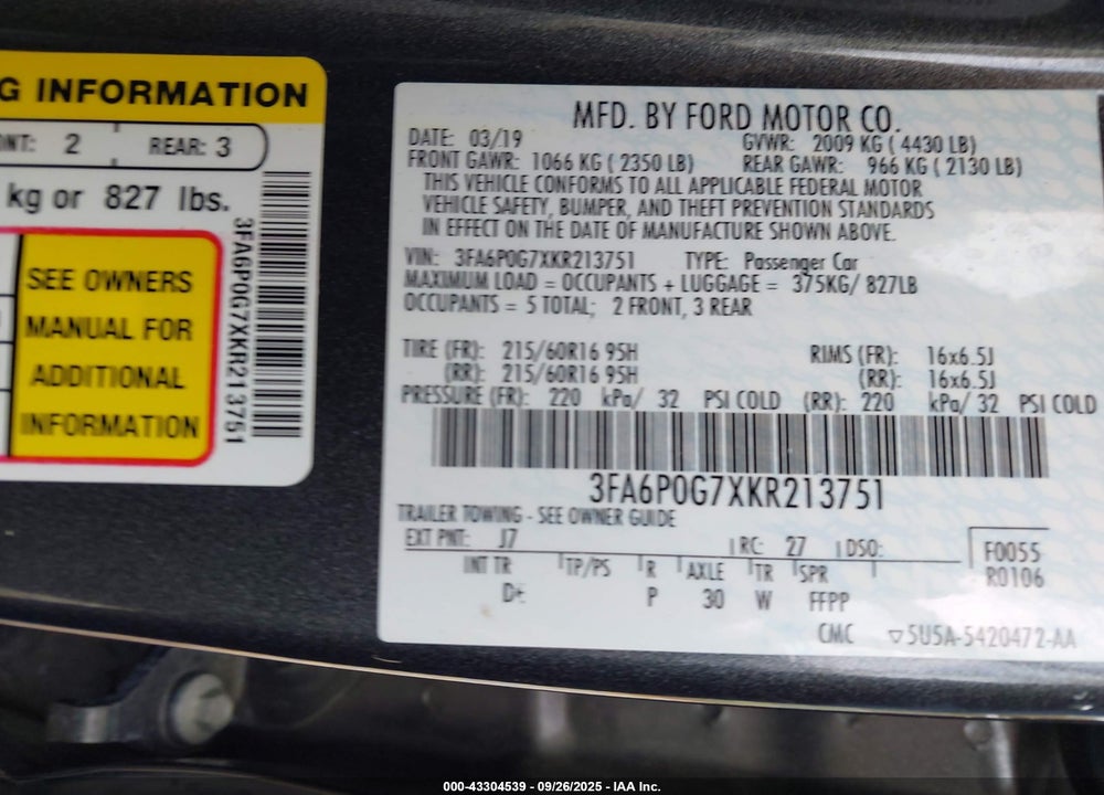2019 FORD FUSION VIN: 3FA6P0G7XKR213751