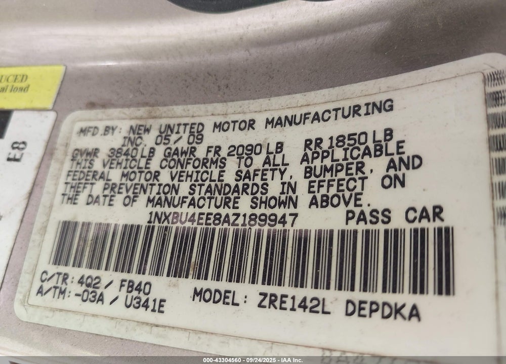 2010 TOYOTA COROLLA VIN: 1NXBU4EE8AZ189947