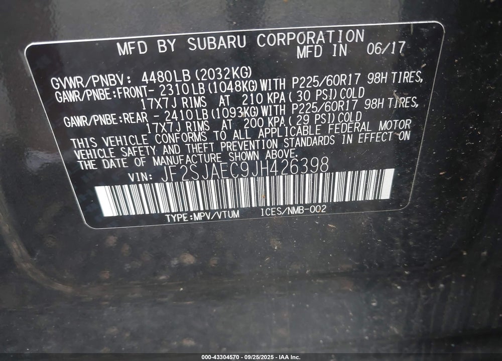 2018 SUBARU FORESTER VIN: JF2SJAEC9JH426398