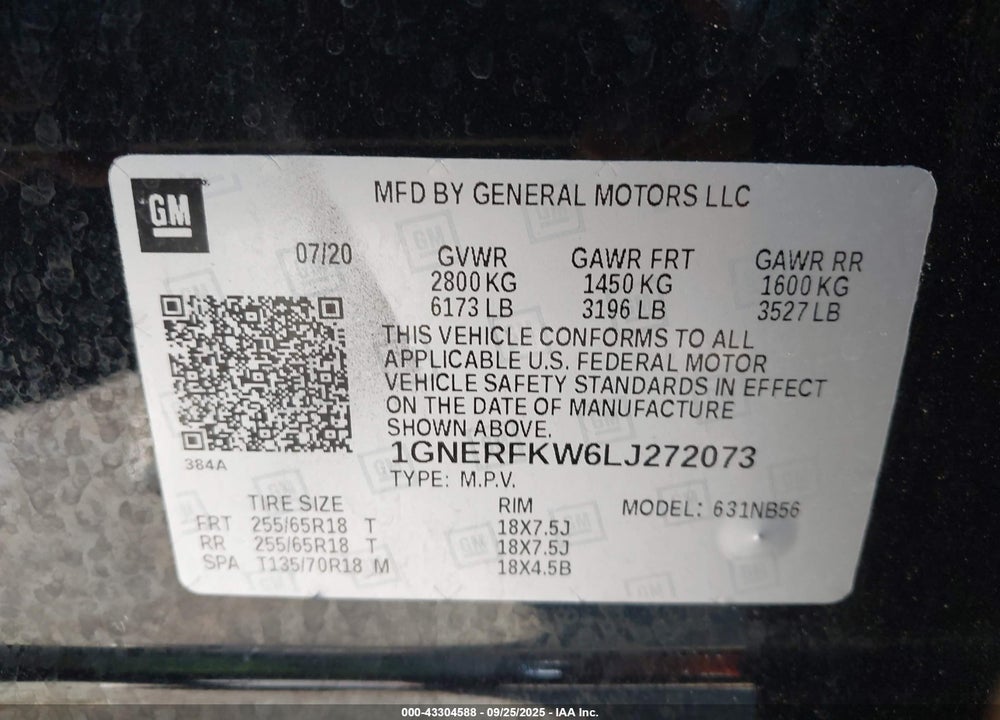 2020 CHEVROLET TRAVERSE VIN: 1GNERFKW6LJ272073