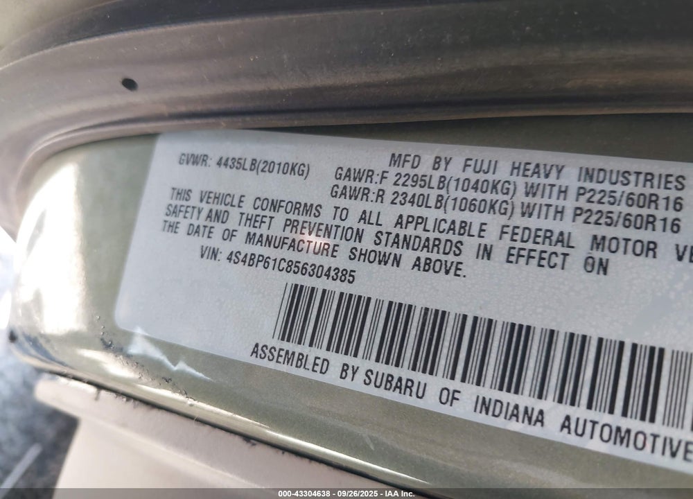 2005 SUBARU OUTBACK 2.5I VIN: 4S4BP61C856304385
