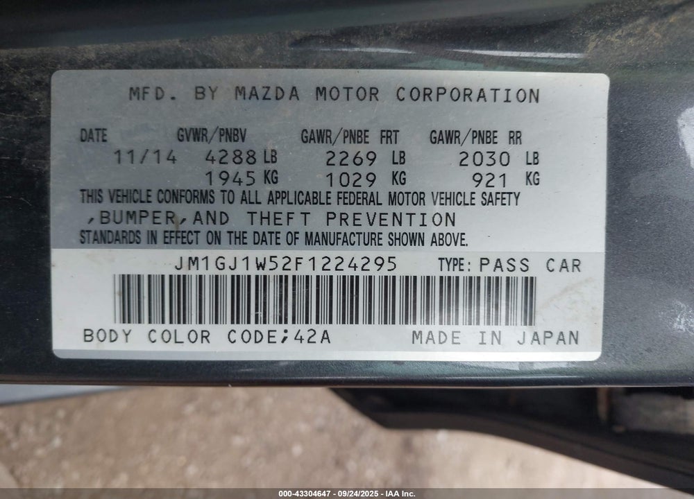 2015 MAZDA 6 VIN: JM1GJ1W52F1224295