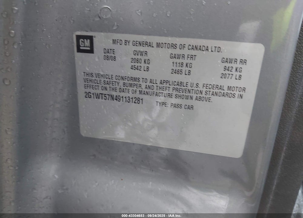 2009 CHEVROLET IMPALA VIN: 2G1WT57N491131281