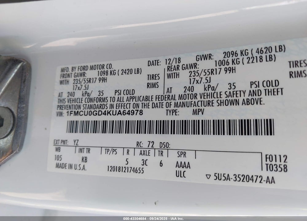 2019 FORD ESCAPE SE VIN: 1FMCU0GD4KUA64978