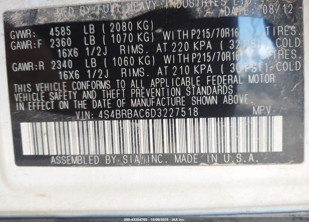 2013 SUBARU OUTBACK VIN: 4S4BRBAC6D3227518