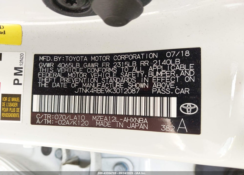 2019 TOYOTA COROLLA XSE VIN: JTNK4RBE9K3012087