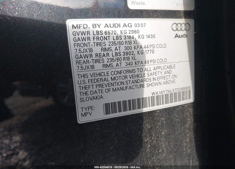 2007 AUDI Q7 VIN: WA1AY74LX7D088885