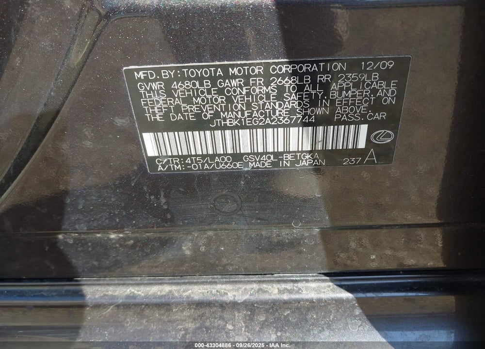 2010 LEXUS ES 350 VIN: JTHBK1EG2A2367744