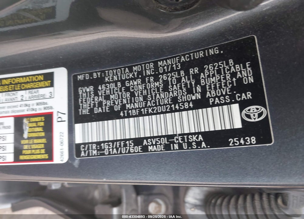 2013 TOYOTA CAMRY VIN: 4T1BF1FK2DU214584