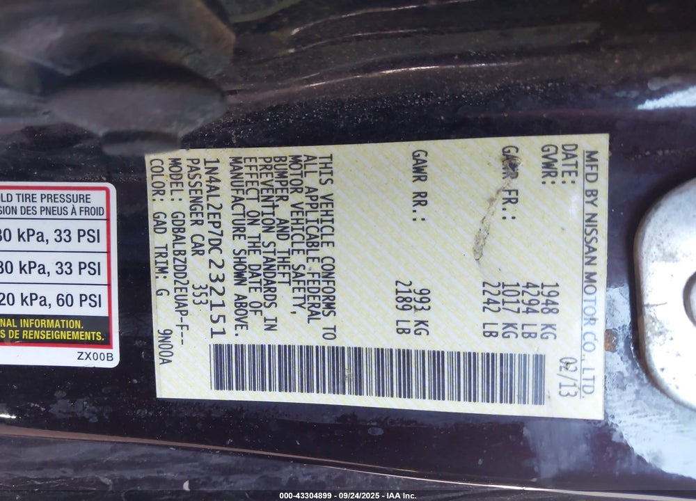 2013 NISSAN ALTIMA VIN: 1N4AL2EP7DC232151