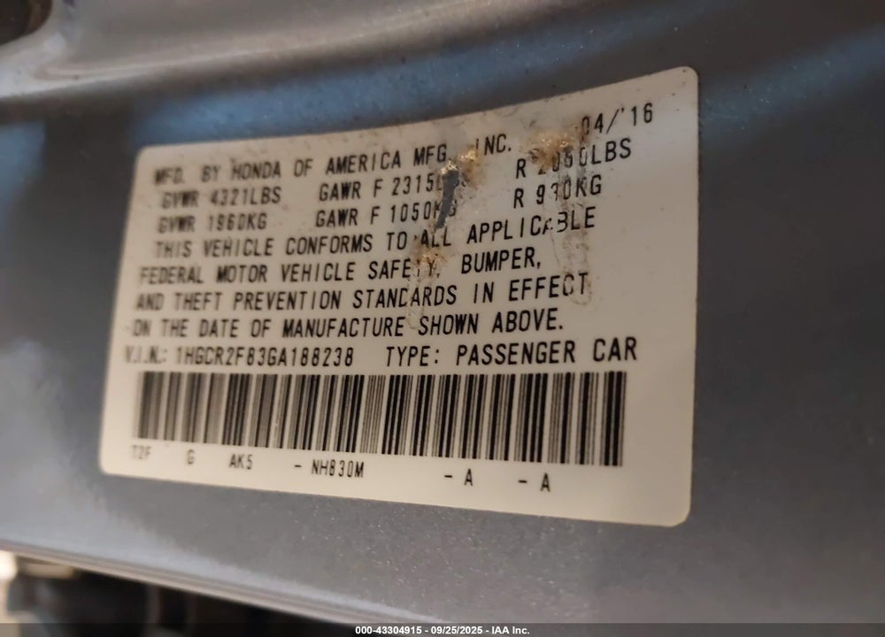 2016 HONDA ACCORD VIN: 1HGCR2F83GA188238