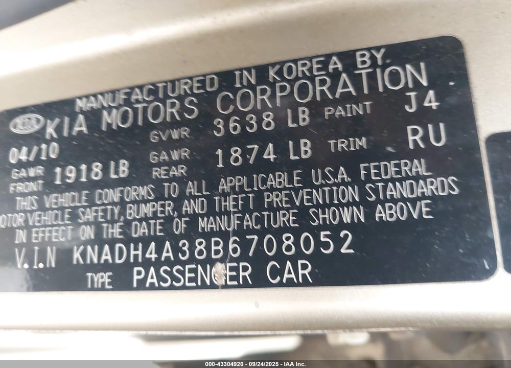 2011 KIA RIO VIN: KNADH4A38B6708052