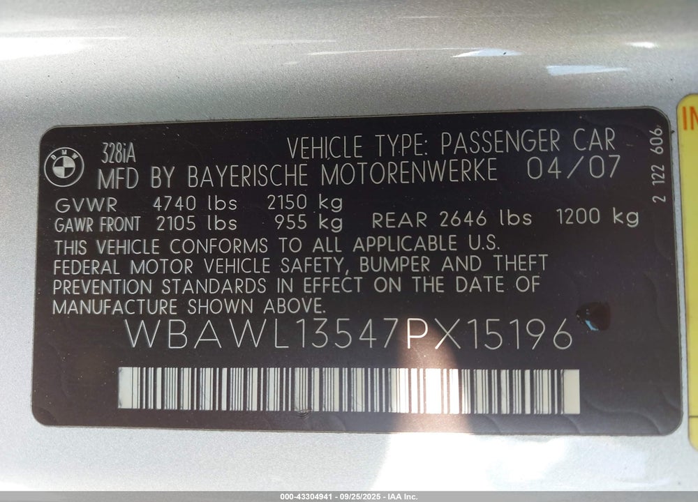 2007 BMW 328I VIN: WBAWL13547PX15196
