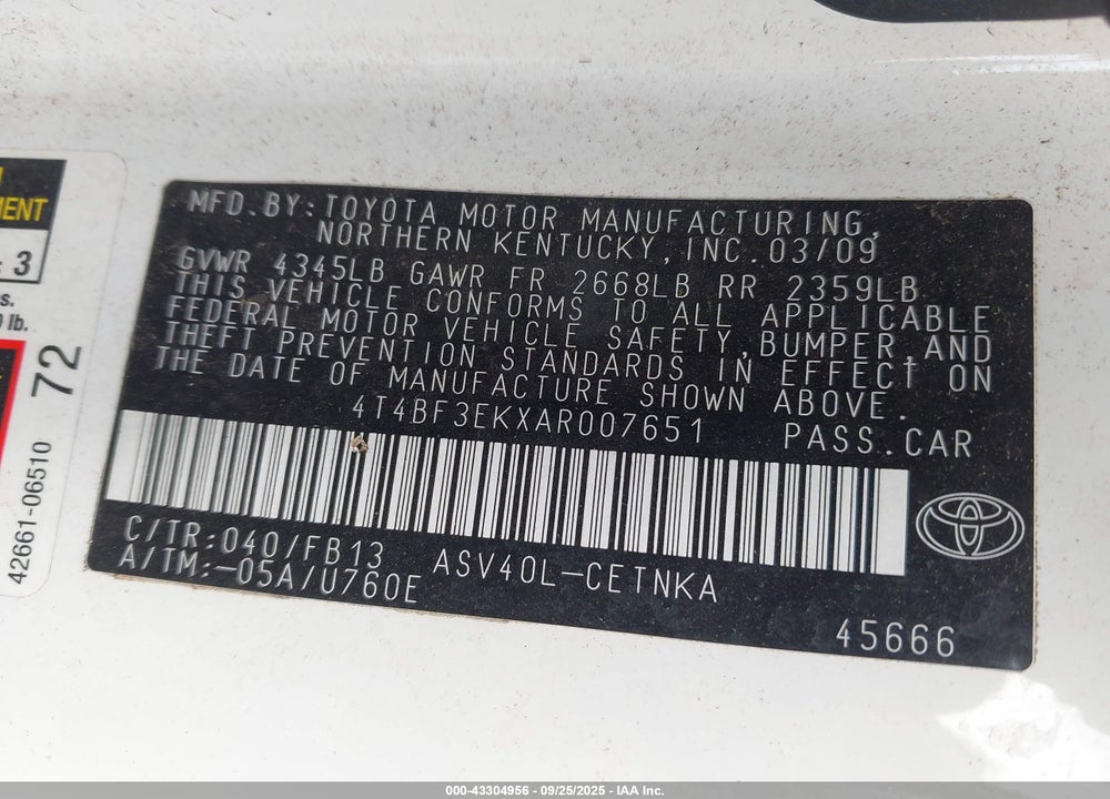 2010 TOYOTA CAMRY LE VIN: 4T4BF3EKXAR007651