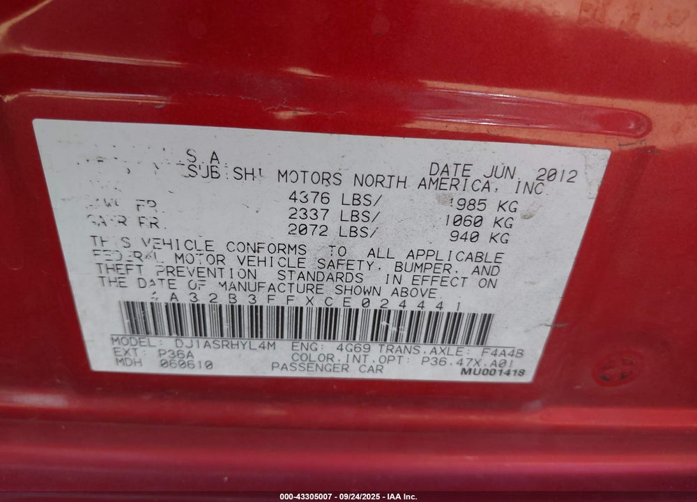 2012 MITSUBISHI GALANT ES/SE VIN: 4A32B3FFXCE024441
