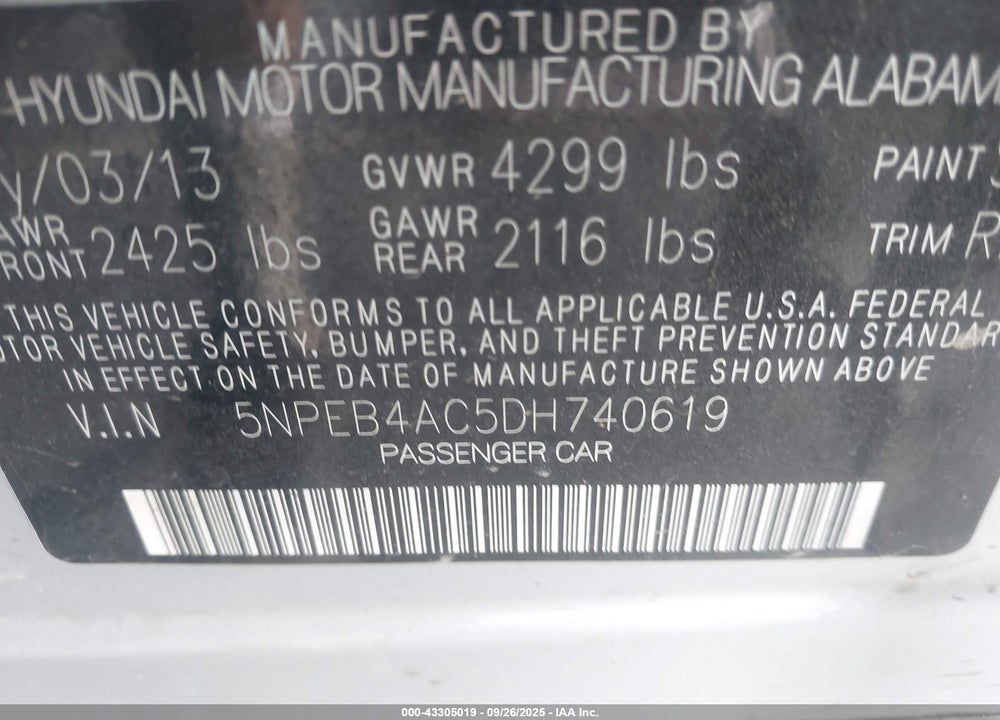 2013 HYUNDAI SONATA VIN: 5NPEB4AC5DH740619