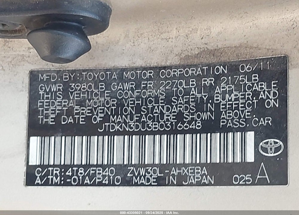 2011 TOYOTA PRIUS VIN: JTDKN3DU3B0316648