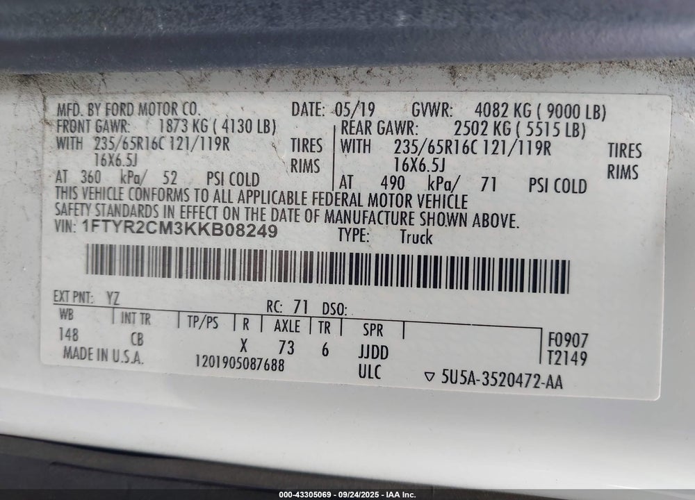 2019 FORD TRANSIT-250 VIN: 1FTYR2CM3KKB08249