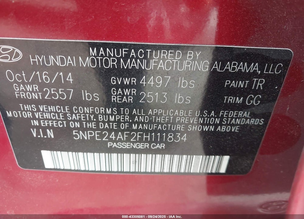 2015 HYUNDAI SONATA SE VIN: 5NPE24AF2FH111834