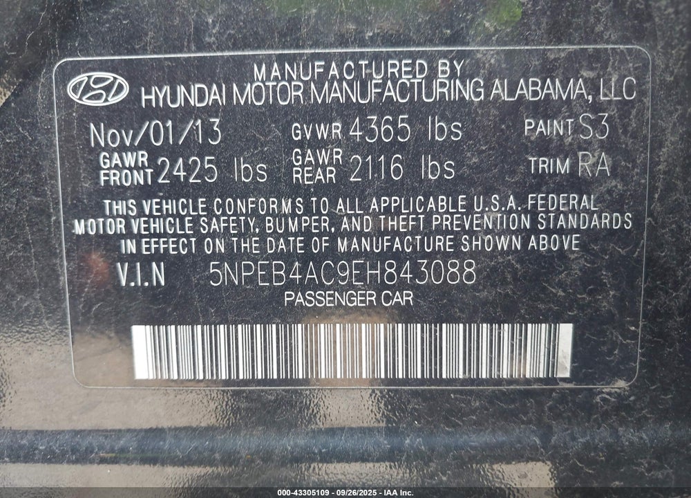 2014 HYUNDAI SONATA GLS VIN: 5NPEB4AC9EH843088