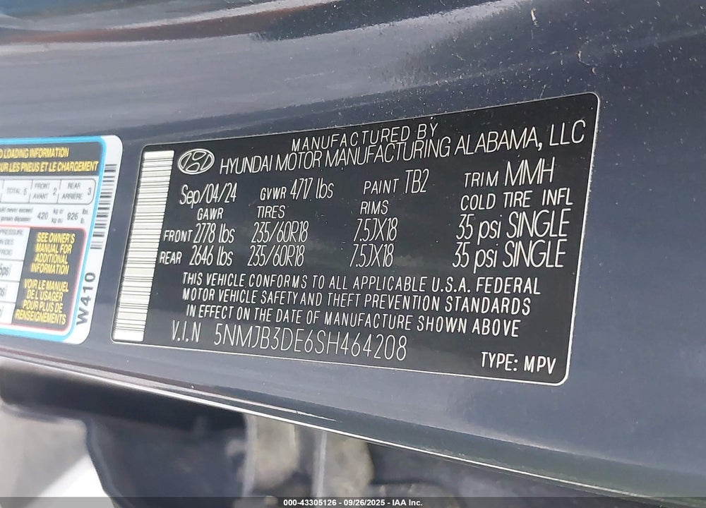 2025 HYUNDAI TUCSON VIN: 5NMJB3DE6SH464208