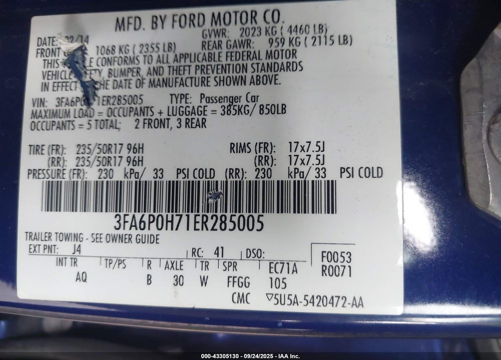 2014 FORD FUSION VIN: 3FA6P0H71ER285005
