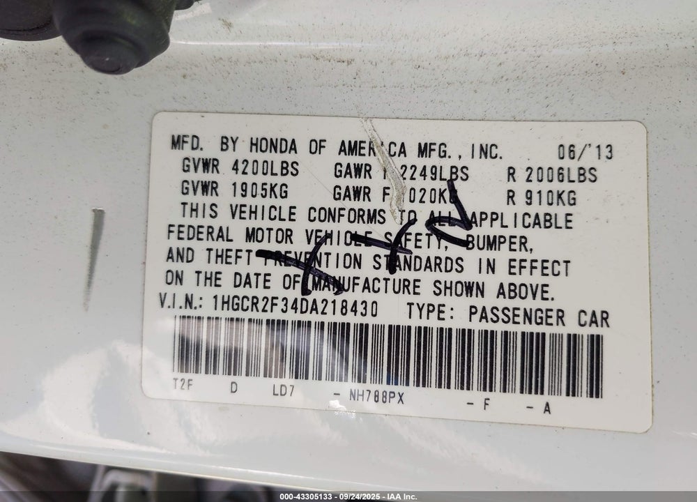 2013 HONDA ACCORD LX VIN: 1HGCR2F34DA218430