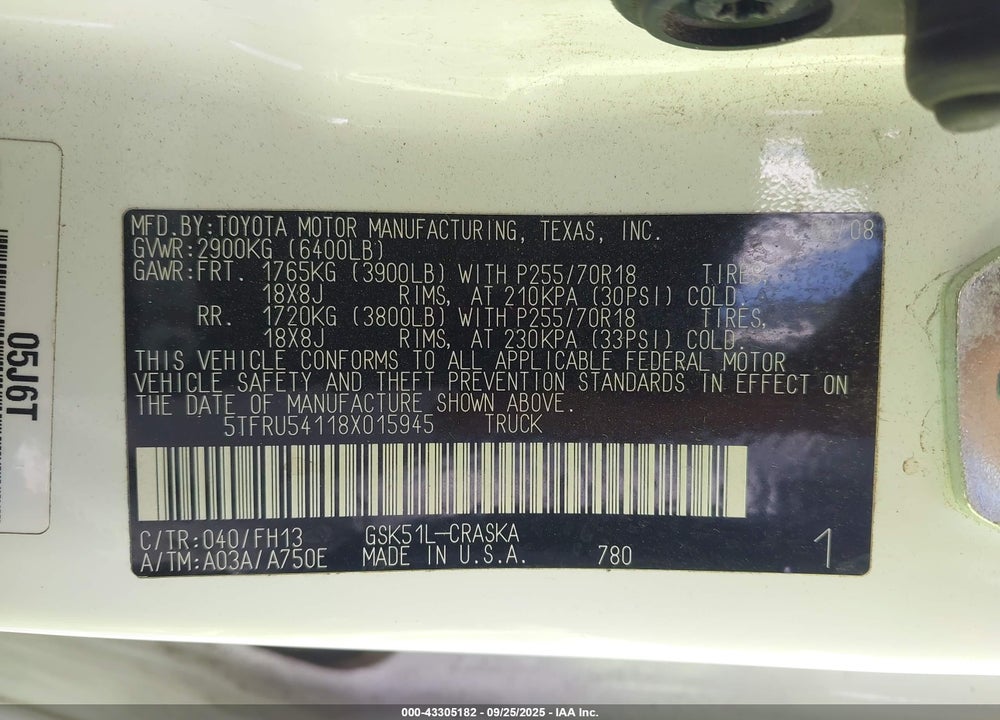 2008 TOYOTA TUNDRA BASE V6 VIN: 5TFRU54118X015945