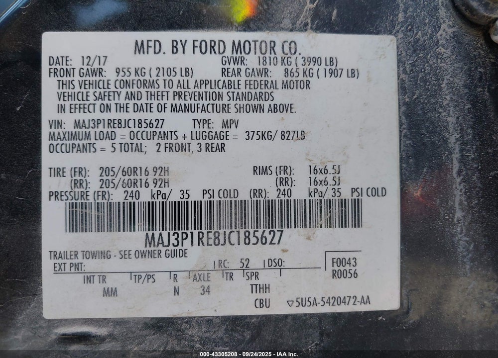 2018 FORD ECOSPORT S VIN: MAJ3P1RE8JC185627
