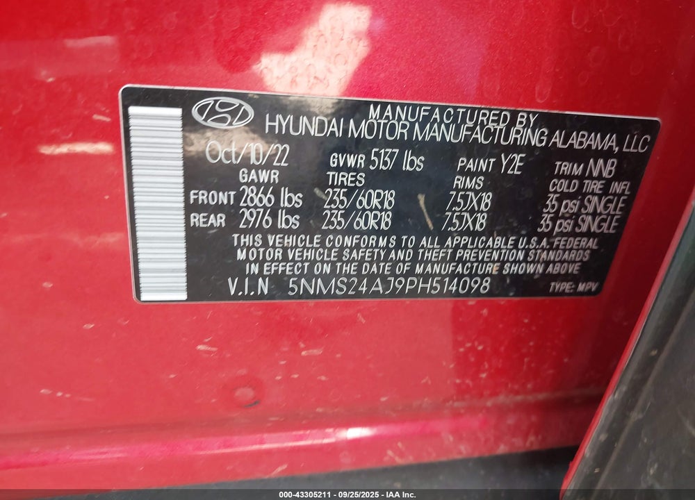 2023 HYUNDAI SANTA FE VIN: 5NMS24AJ9PH514098