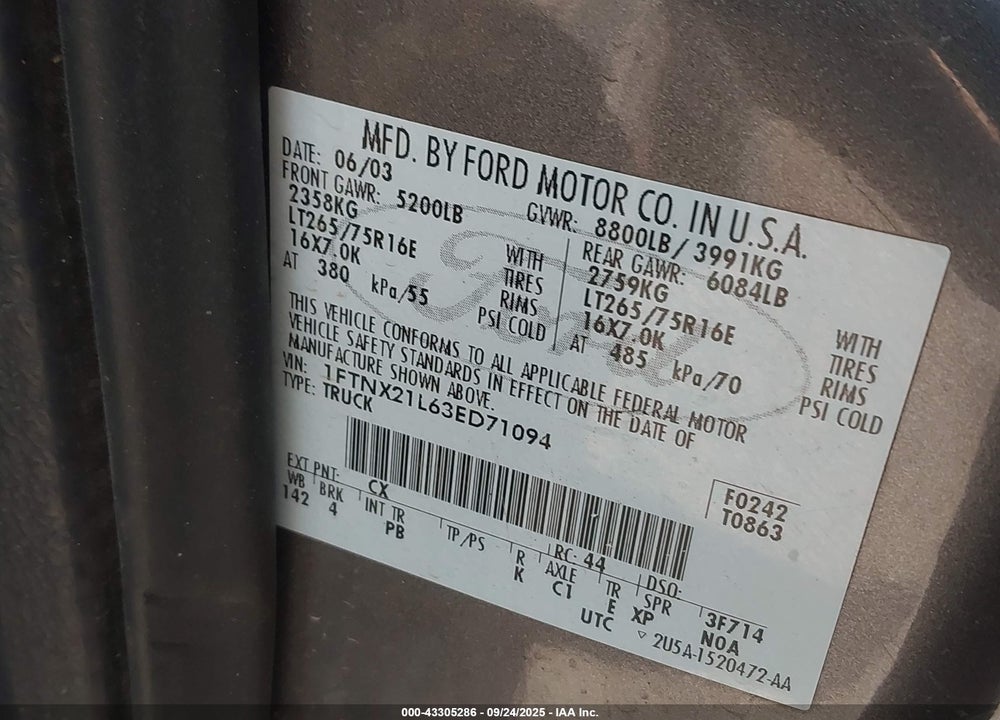 2003 FORD F-250 LARIAT/XL/XLT VIN: 1FTNX21L63ED71094