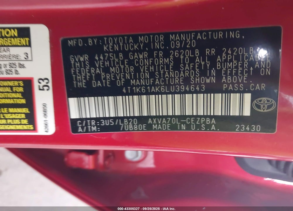 2020 TOYOTA CAMRY VIN: 4T1K61AK6LU394643