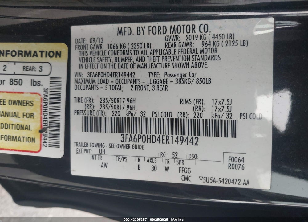 2014 FORD FUSION SE VIN: 3FA6P0HD4ER149442
