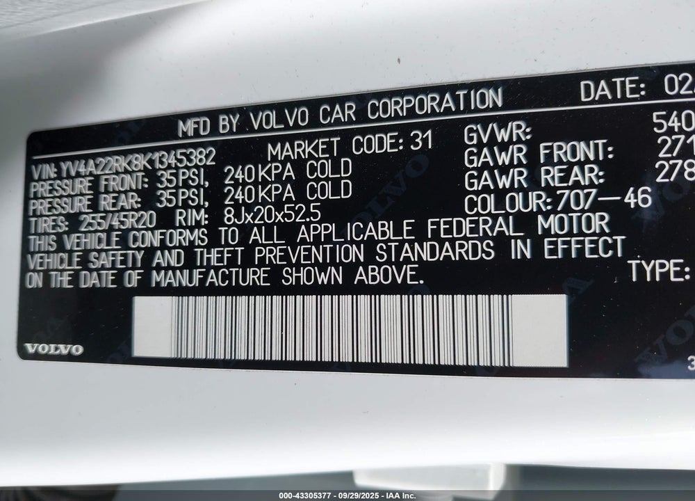 2019 VOLVO XC60 VIN: YV4A22RK8K1345382