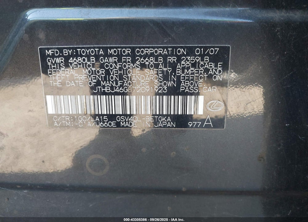 2007 LEXUS ES 350 VIN: JTHBJ46G872091923