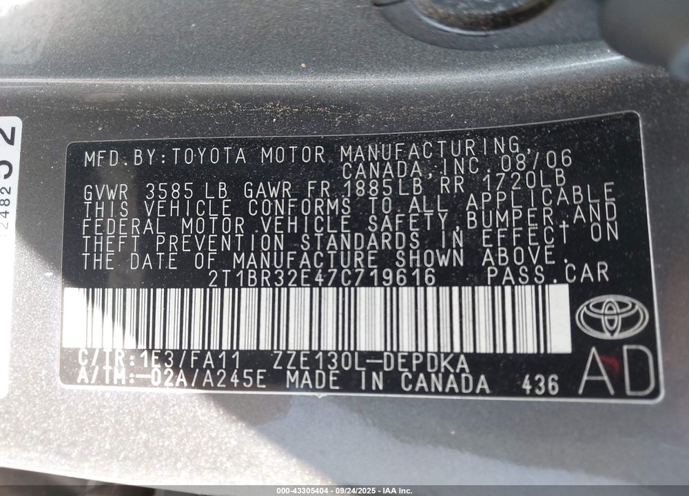 2007 TOYOTA COROLLA VIN: 2T1BR32E47C719616