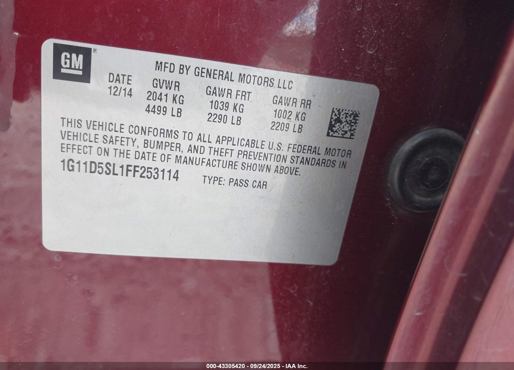2015 CHEVROLET MALIBU VIN: 1G11D5SL1FF253114