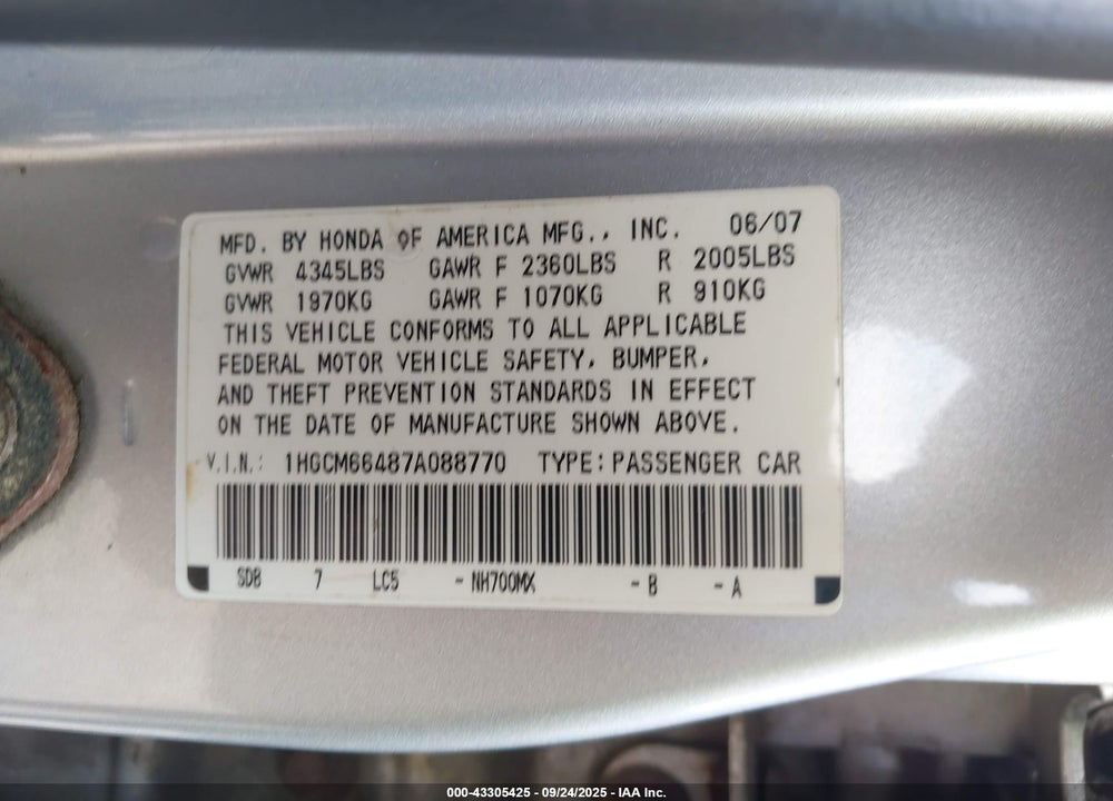 2007 HONDA ACCORD 3.0 SE VIN: 1HGCM66487A088770
