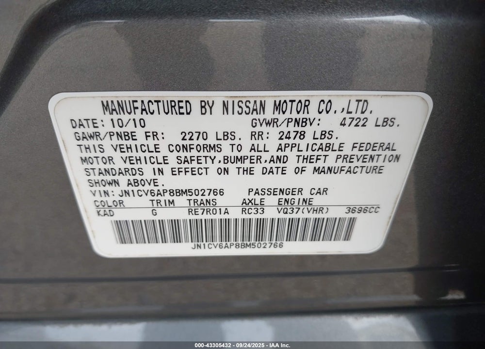 2011 INFINITI G37 VIN: JN1CV6AP8BM502766