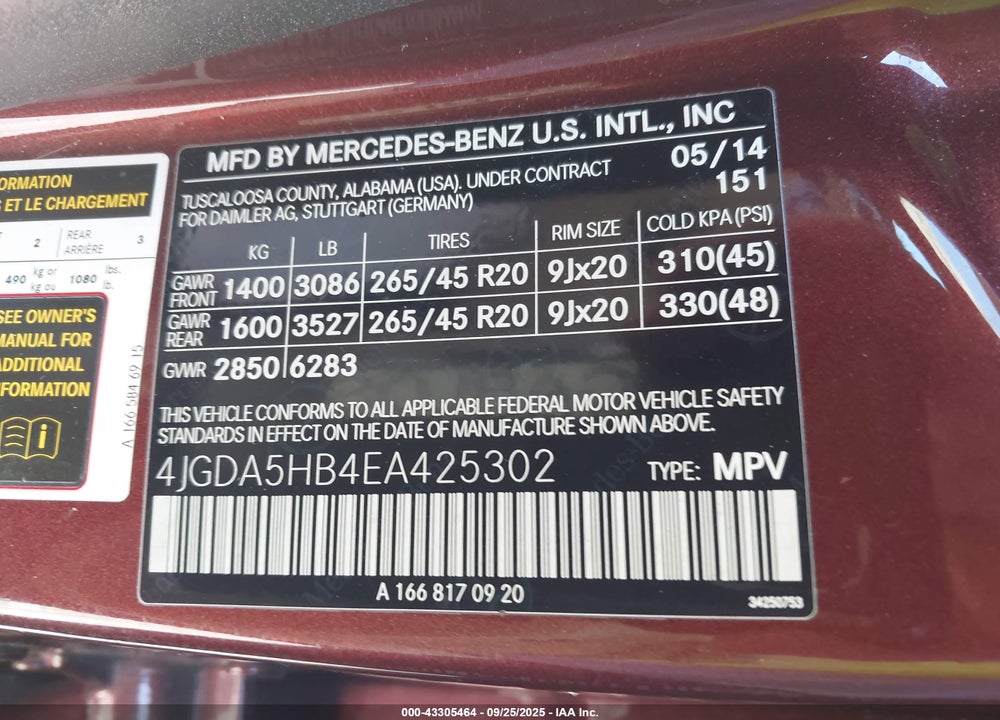 2014 MERCEDES-BENZ ML-CLASS VIN: 4JGDA5HB4EA425302
