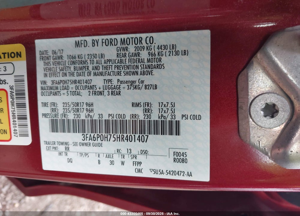 2017 FORD FUSION VIN: 3FA6P0H75HR401407