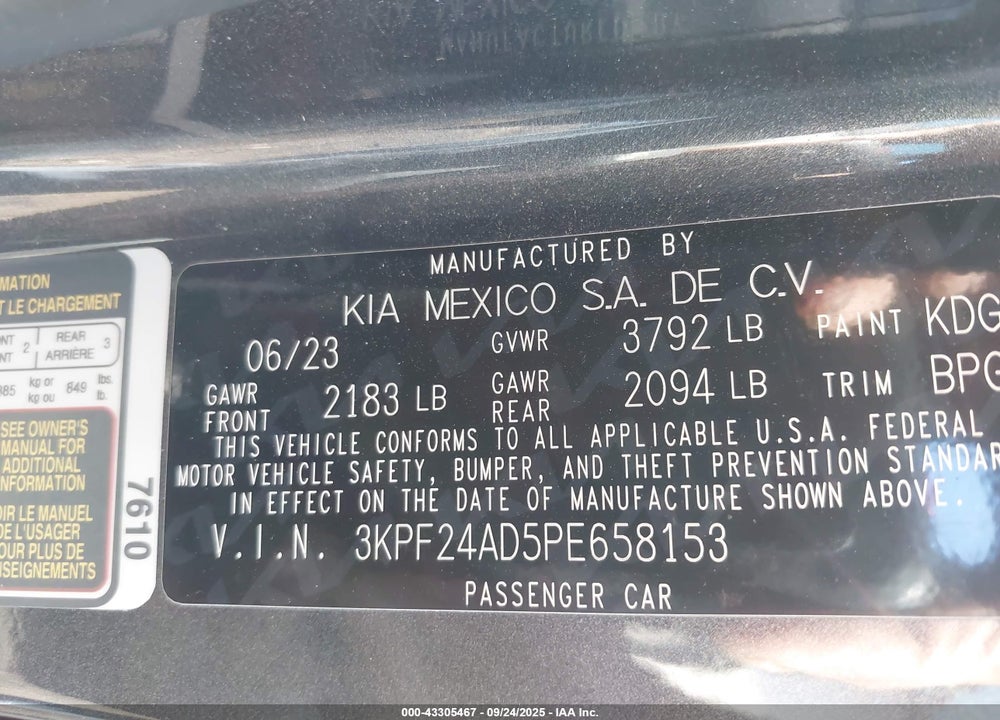 2023 KIA FORTE LXS VIN: 3KPF24AD5PE658153