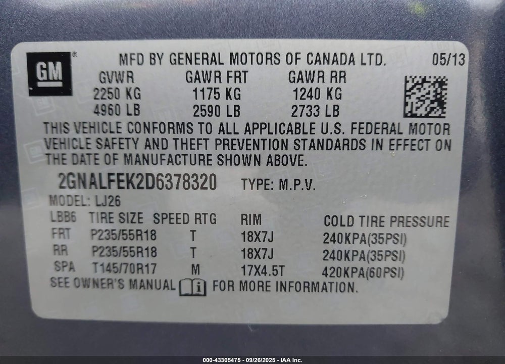 2013 CHEVROLET EQUINOX VIN: 2GNALFEK2D6378320