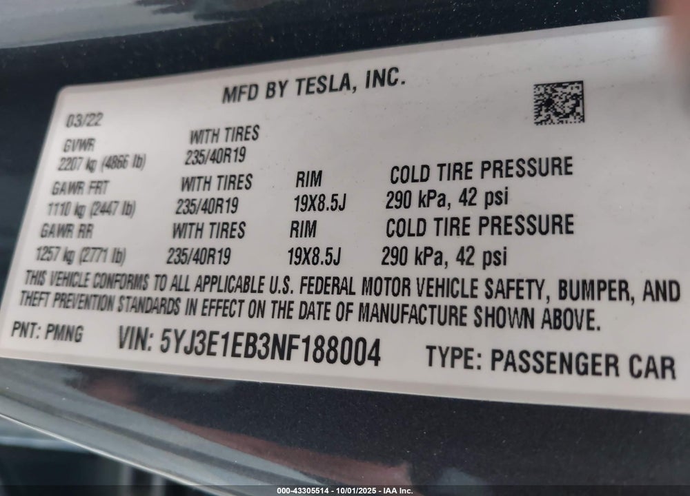 2022 TESLA MODEL 3 VIN: 5YJ3E1EB3NF188004