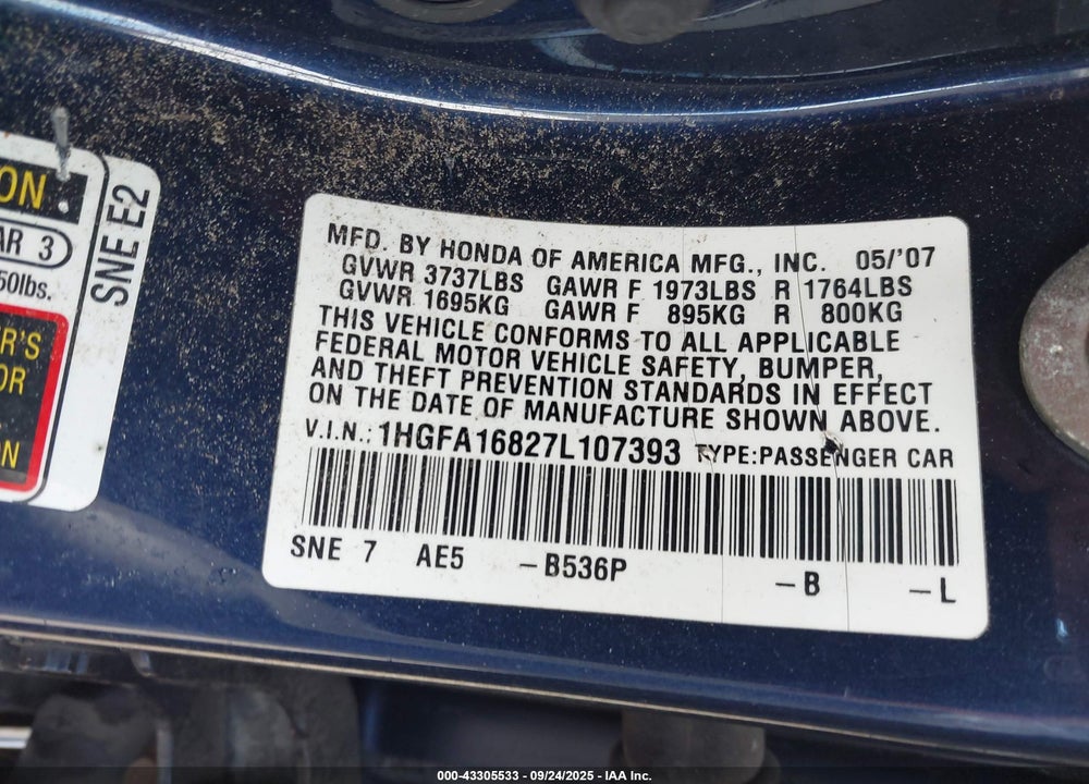 2007 HONDA CIVIC VIN: 1HGFA16827L107393