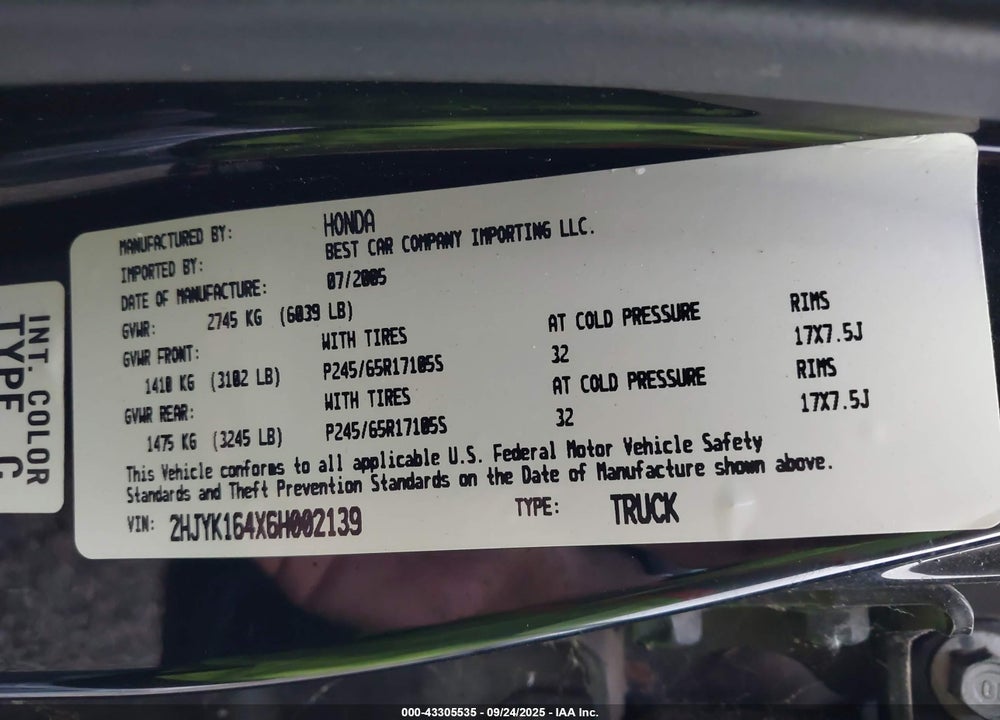 2006 HONDA RIDGELINE VIN: 2HJYK164X6H002139