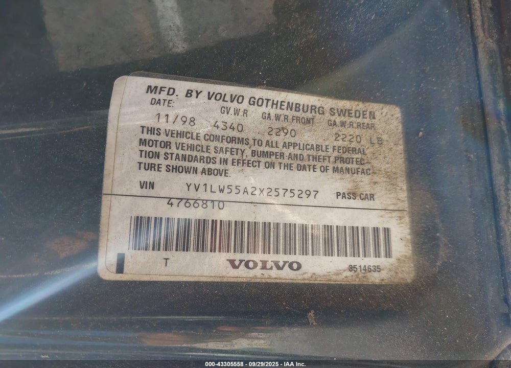 1999 VOLVO V70 VIN: YV1LW55A2X2575297